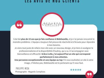 💙 Un avis qui fait chaud au cœur !

Depuis plus de 15 ans, l'agence Regards Complices nous fait confiance… et lire un retour aussi positif, ça nous rappelle...